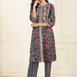 Midnight Blue Floral Printed Kurta Set