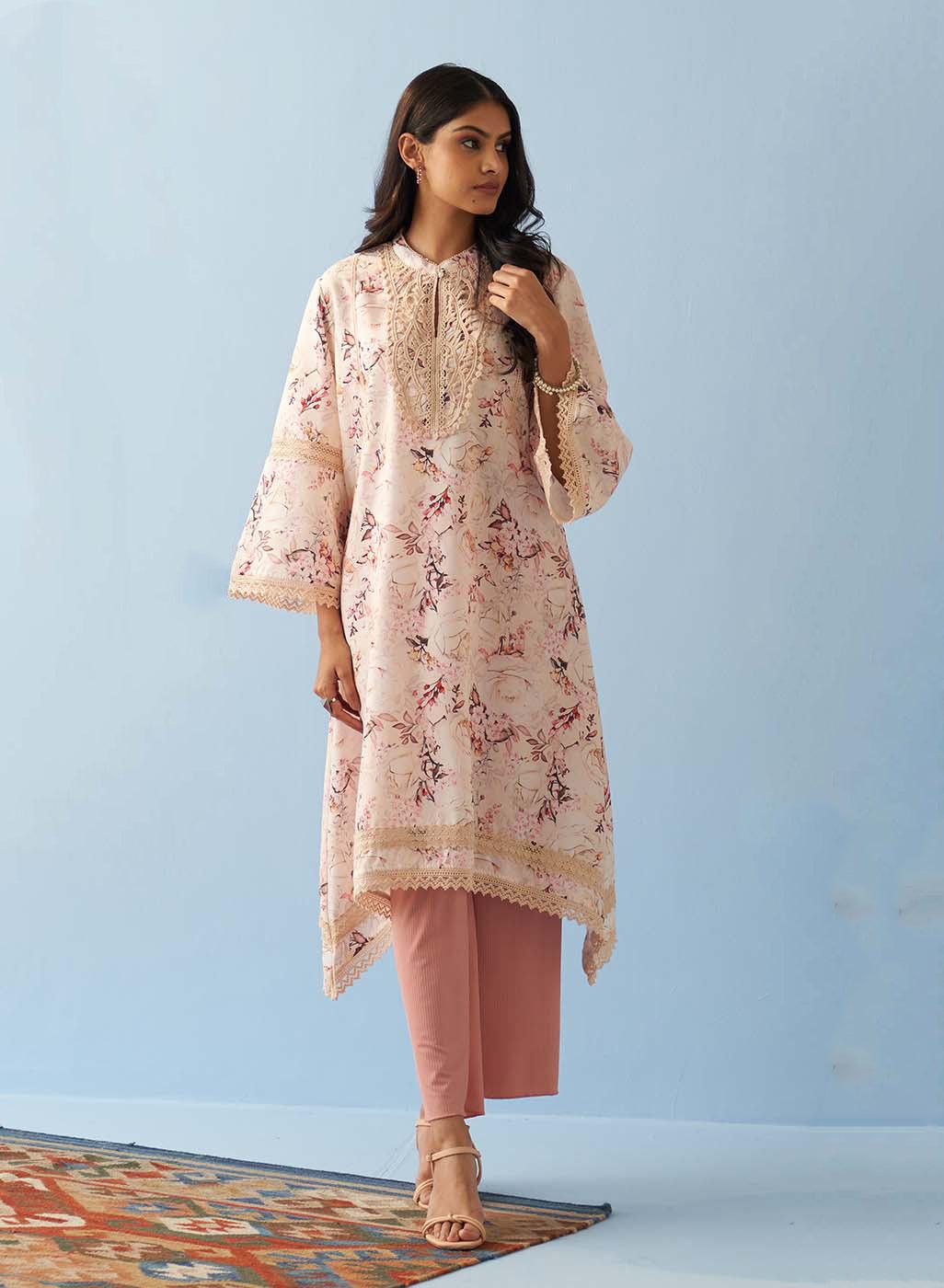 Yellow Floral Printed Loose Fit Kurta with Lace Inserts - Lakshita