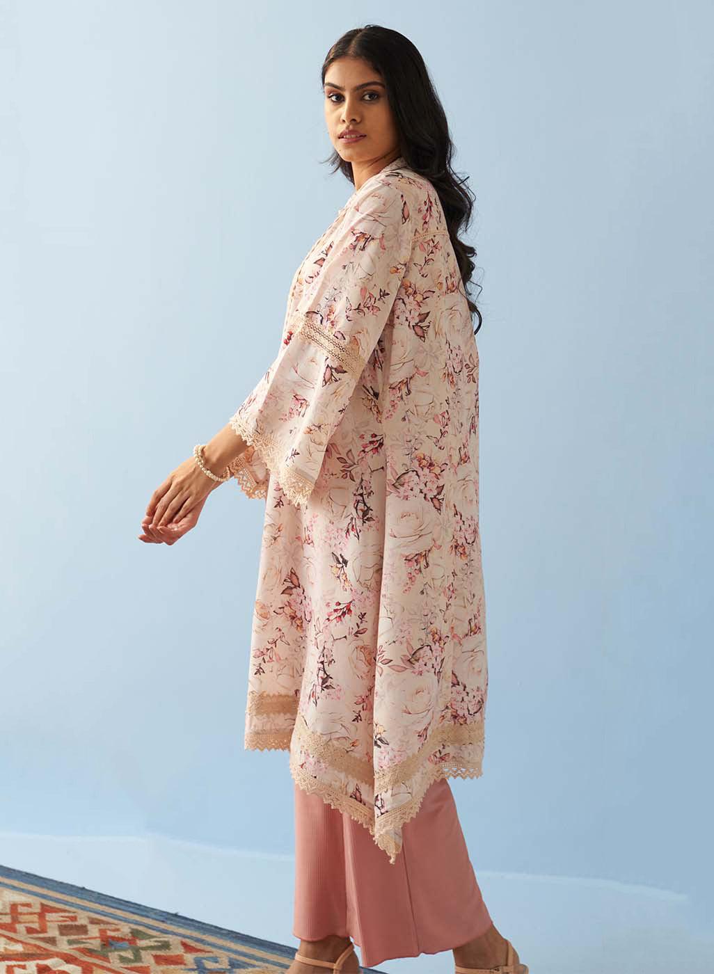 Yellow Floral Printed Loose Fit Kurta with Lace Inserts - Lakshita