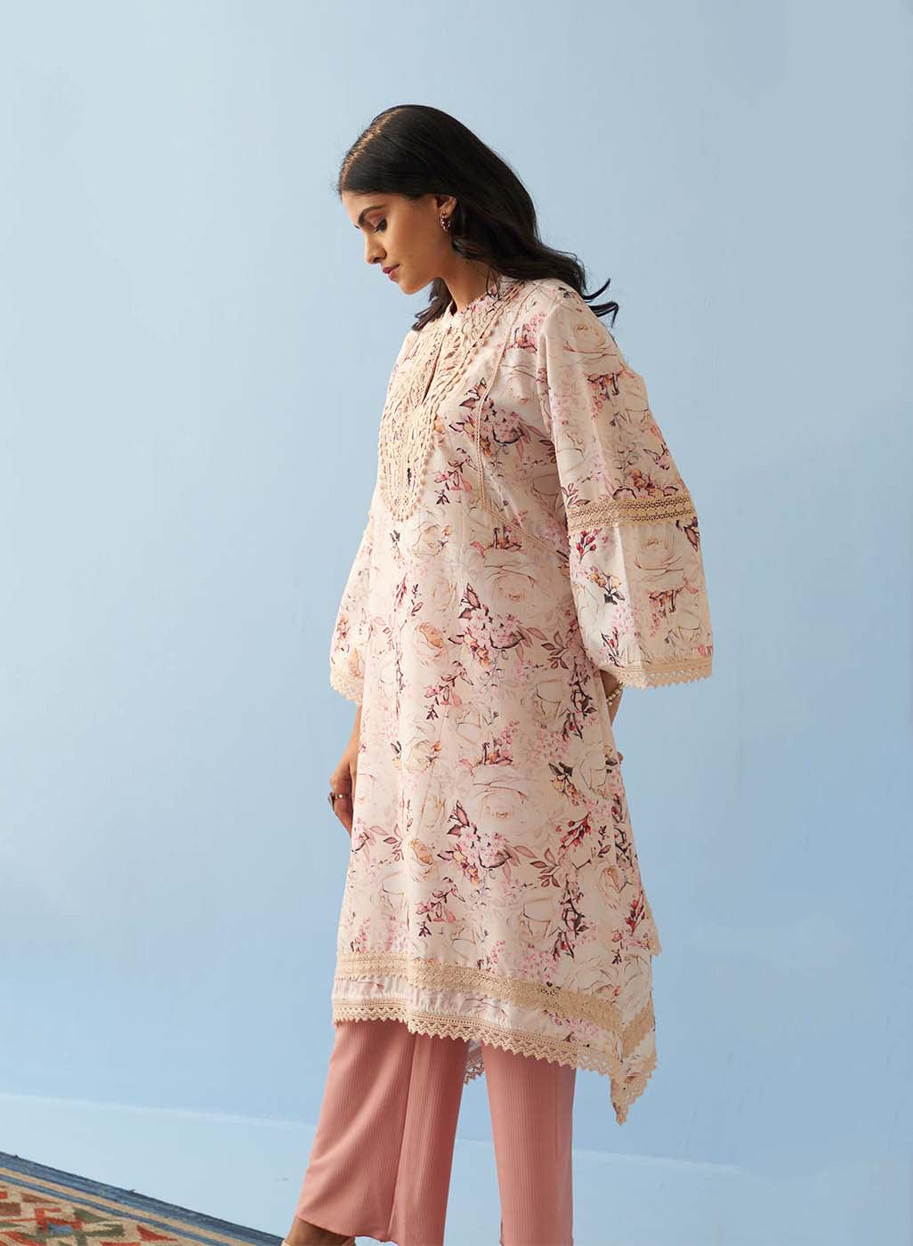 Yellow Floral Printed Loose Fit Kurta with Lace Inserts - Lakshita