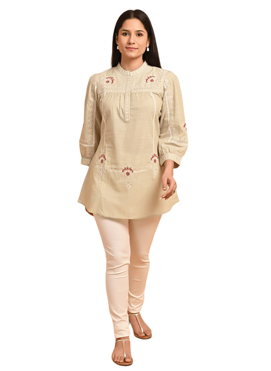 Green Embroidered Slub Tunic - Lakshita