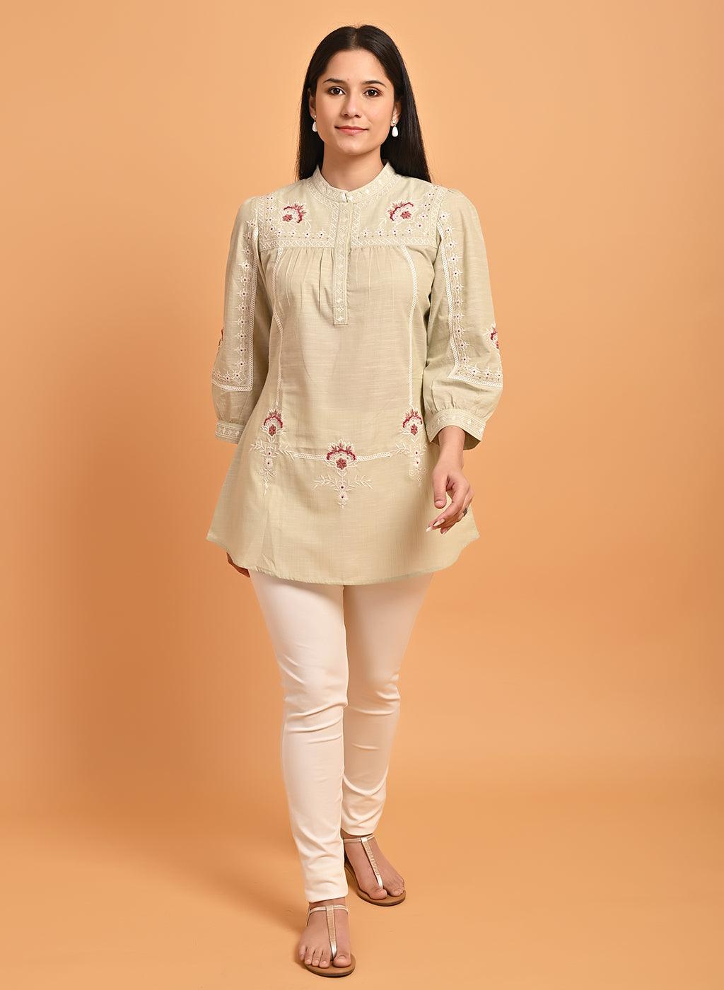 Green Embroidered Slub Tunic - Lakshita