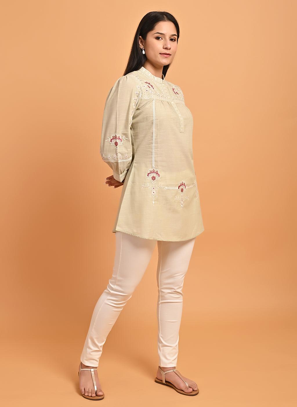 Green Embroidered Slub Tunic - Lakshita