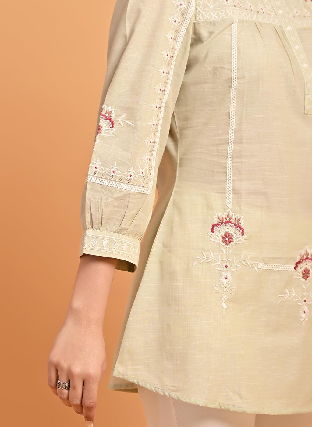 Green Embroidered Slub Tunic - Lakshita