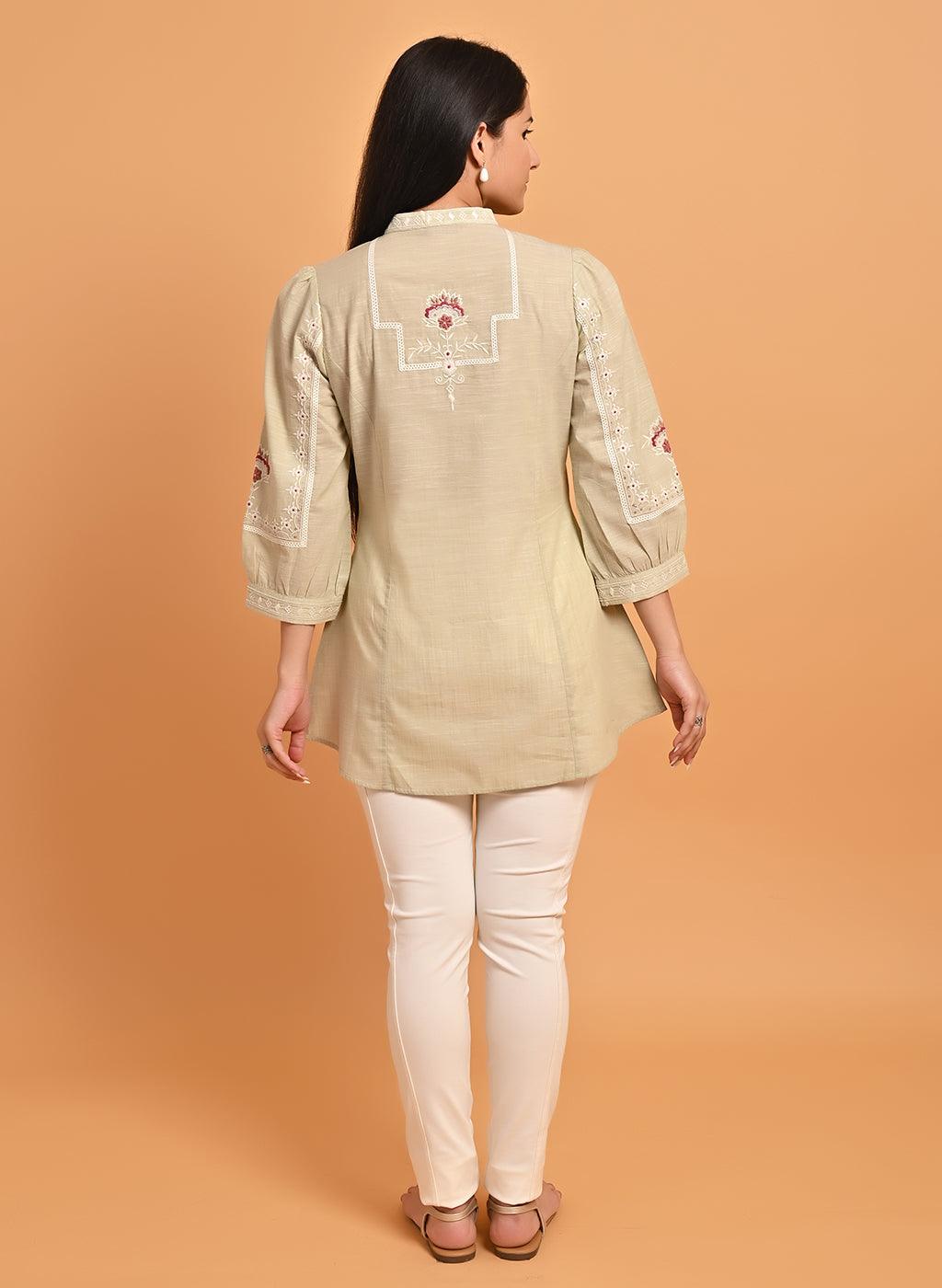 Green Embroidered Slub Tunic - Lakshita