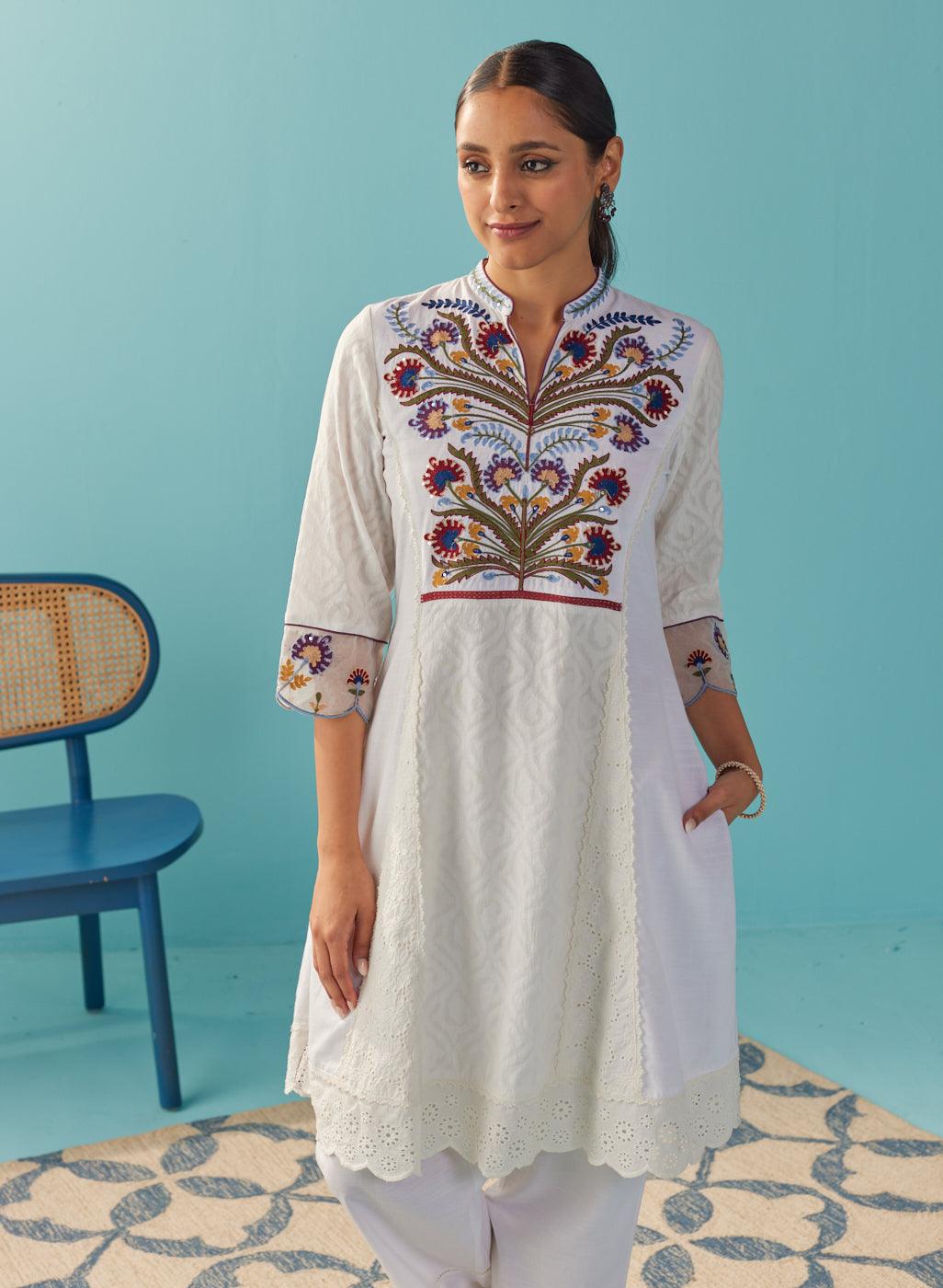 Ivory Multi Color Floral Embroidered Kurta Set - Lakshita