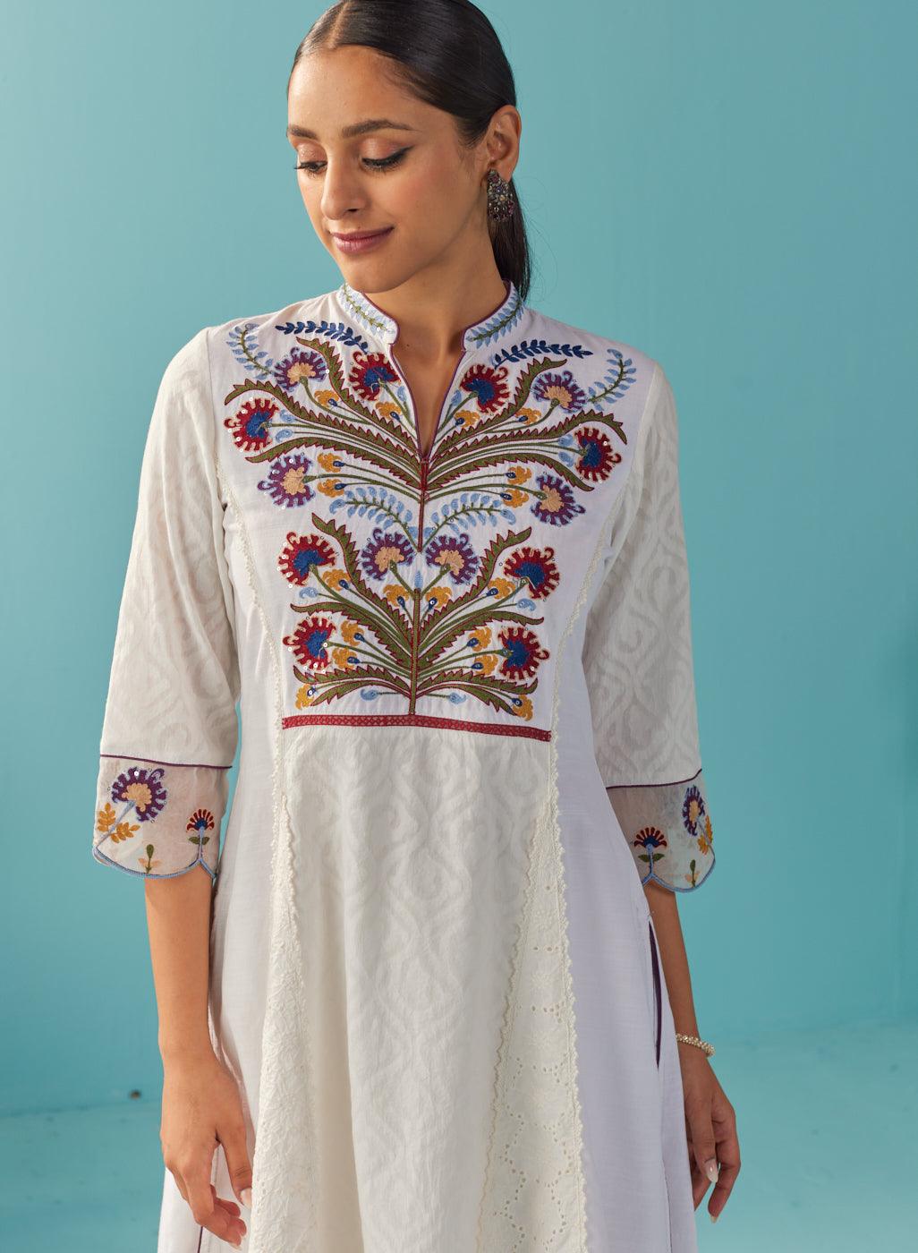 Ivory Multi Color Floral Embroidered Kurta Set - Lakshita