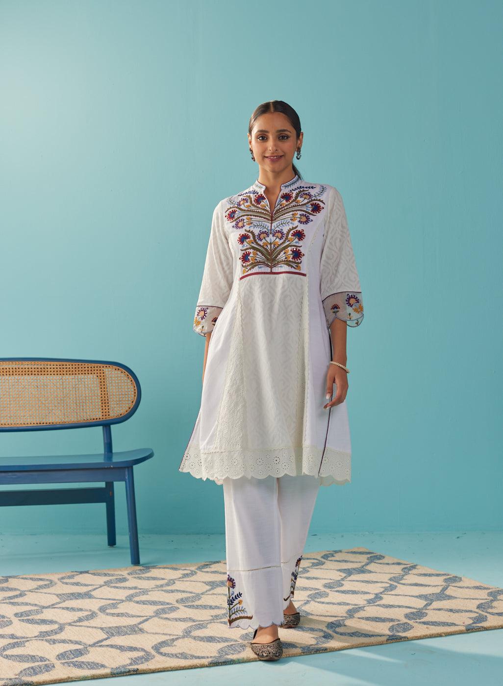 Ivory Multi Color Floral Embroidered Kurta Set - Lakshita