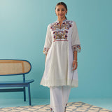 Ivory Multi Color Floral Embroidered Kurta Set - Lakshita