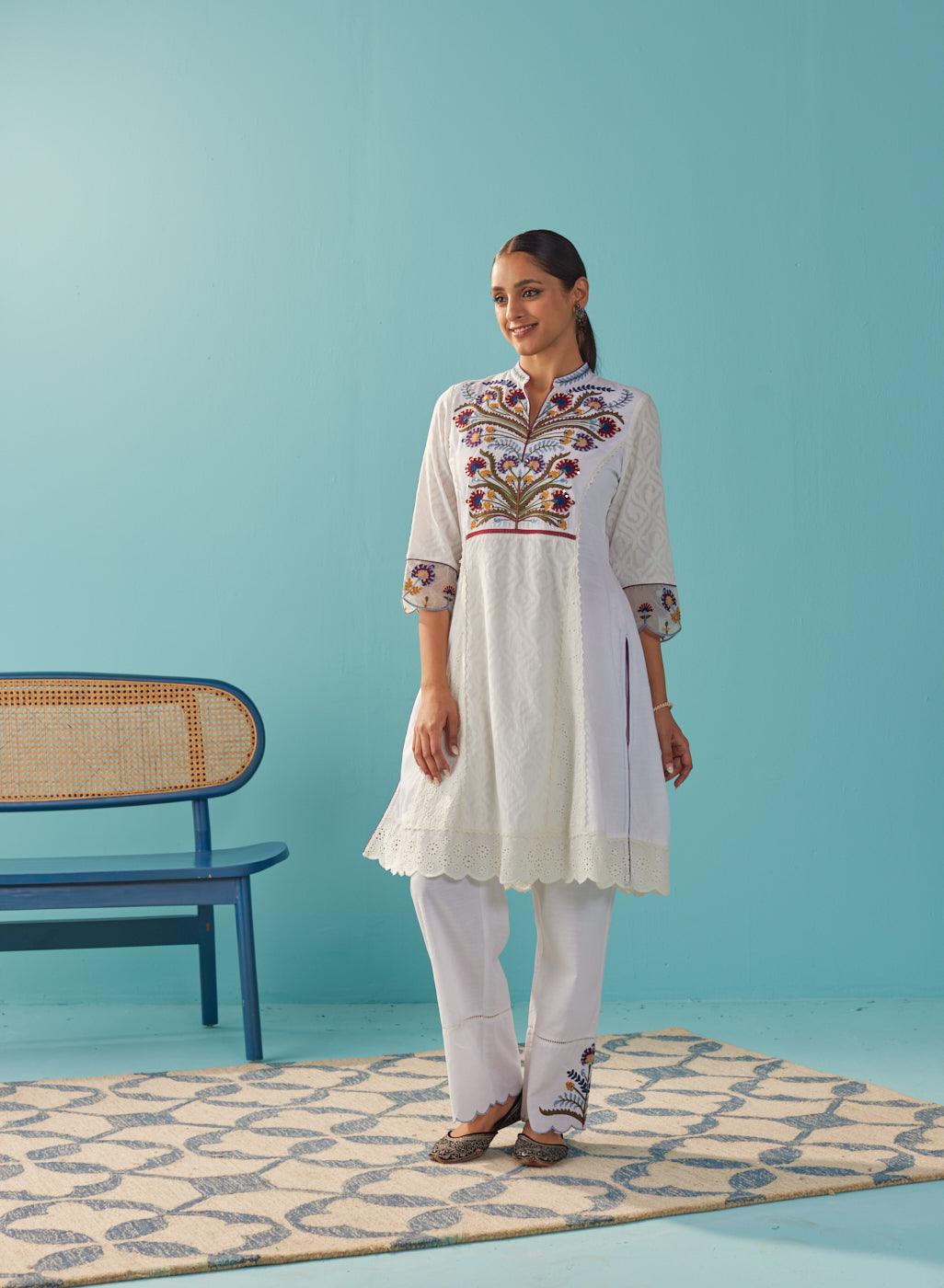 Ivory Multi Color Floral Embroidered Kurta Set - Lakshita