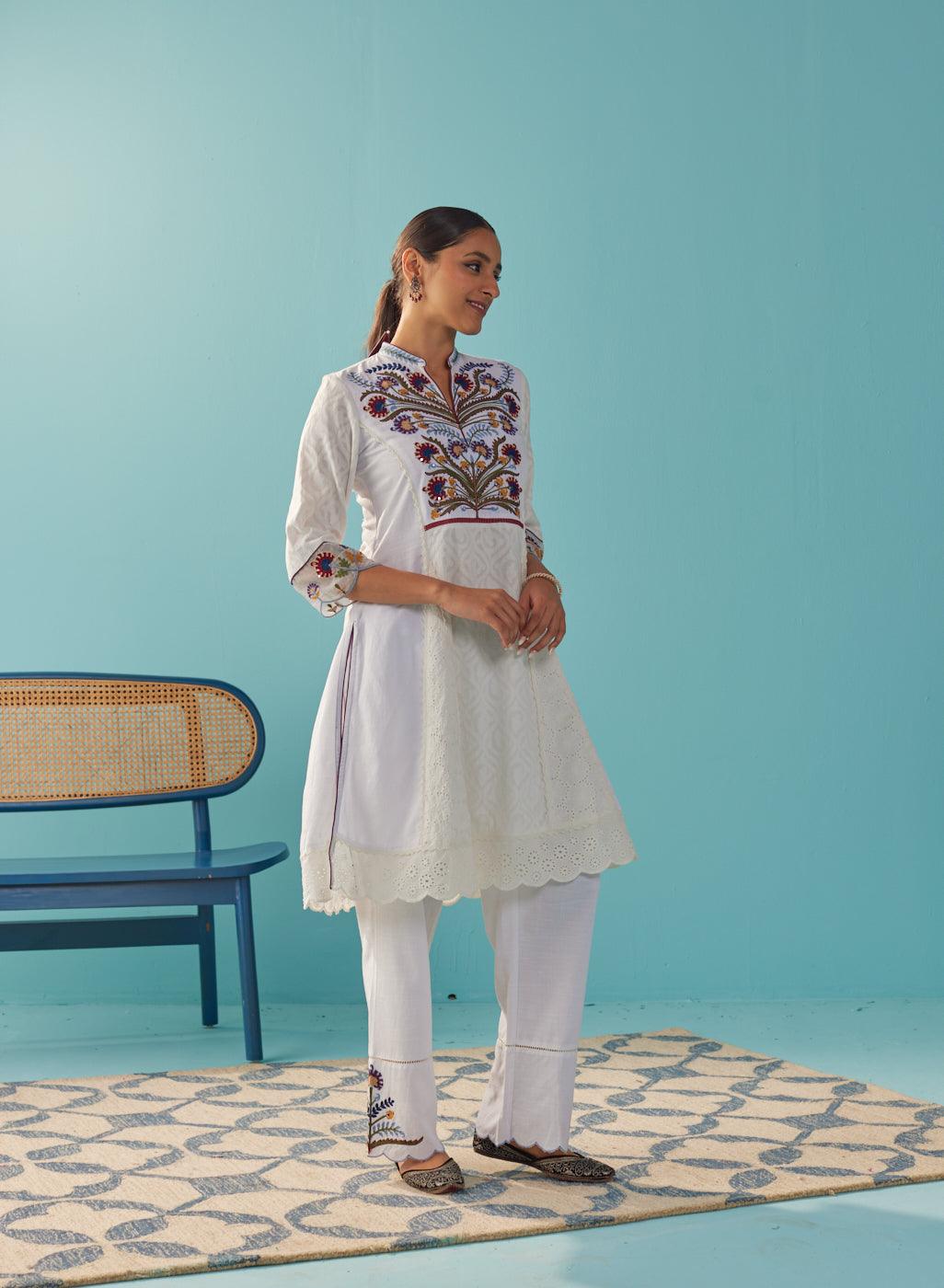 Ivory Multi Color Floral Embroidered Kurta Set - Lakshita