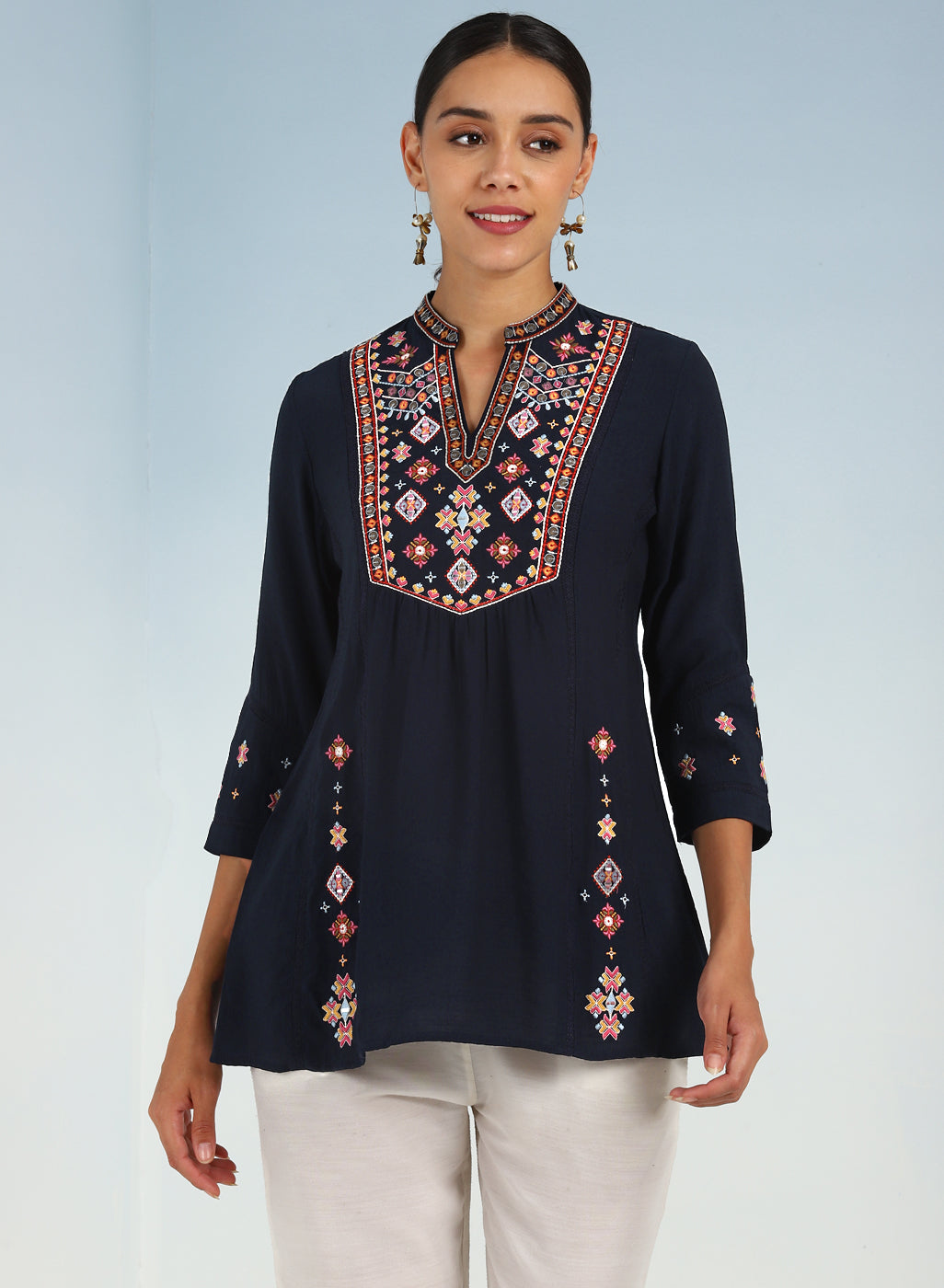 Navy Blue Tunic with Front Yoke Embroidery Detail 23SLK02981-4A – Lakshita