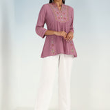 Onion Pink Tunic with Front Yoke Embroidery Detail