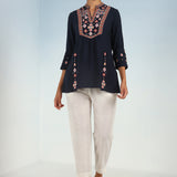 Navy Blue Tunic with Front Yoke Embroidery Detail