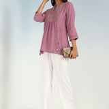 Onion Pink Tunic with Front Yoke Embroidery Detail