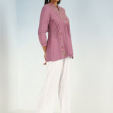 Onion Pink Tunic with Front Yoke Embroidery Detail