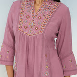 Onion Pink Tunic with Front Yoke Embroidery Detail