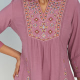 Onion Pink Tunic with Front Yoke Embroidery Detail