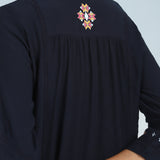 Navy Blue Tunic with Front Yoke Embroidery Detail