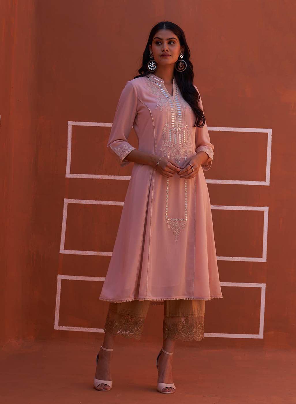 Pink Embroidered Flared Kurta - Lakshita