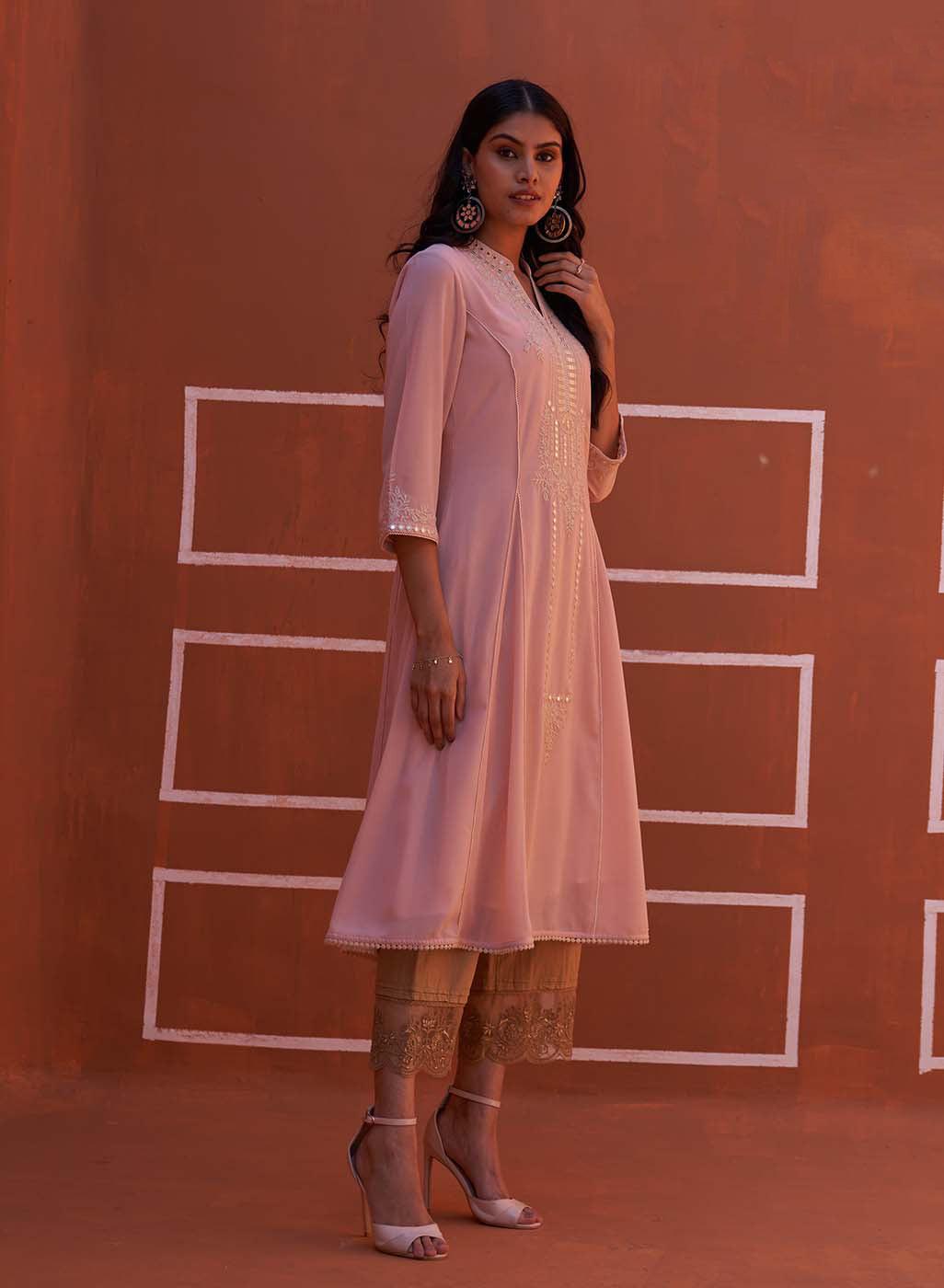 Pink Embroidered Flared Kurta - Lakshita