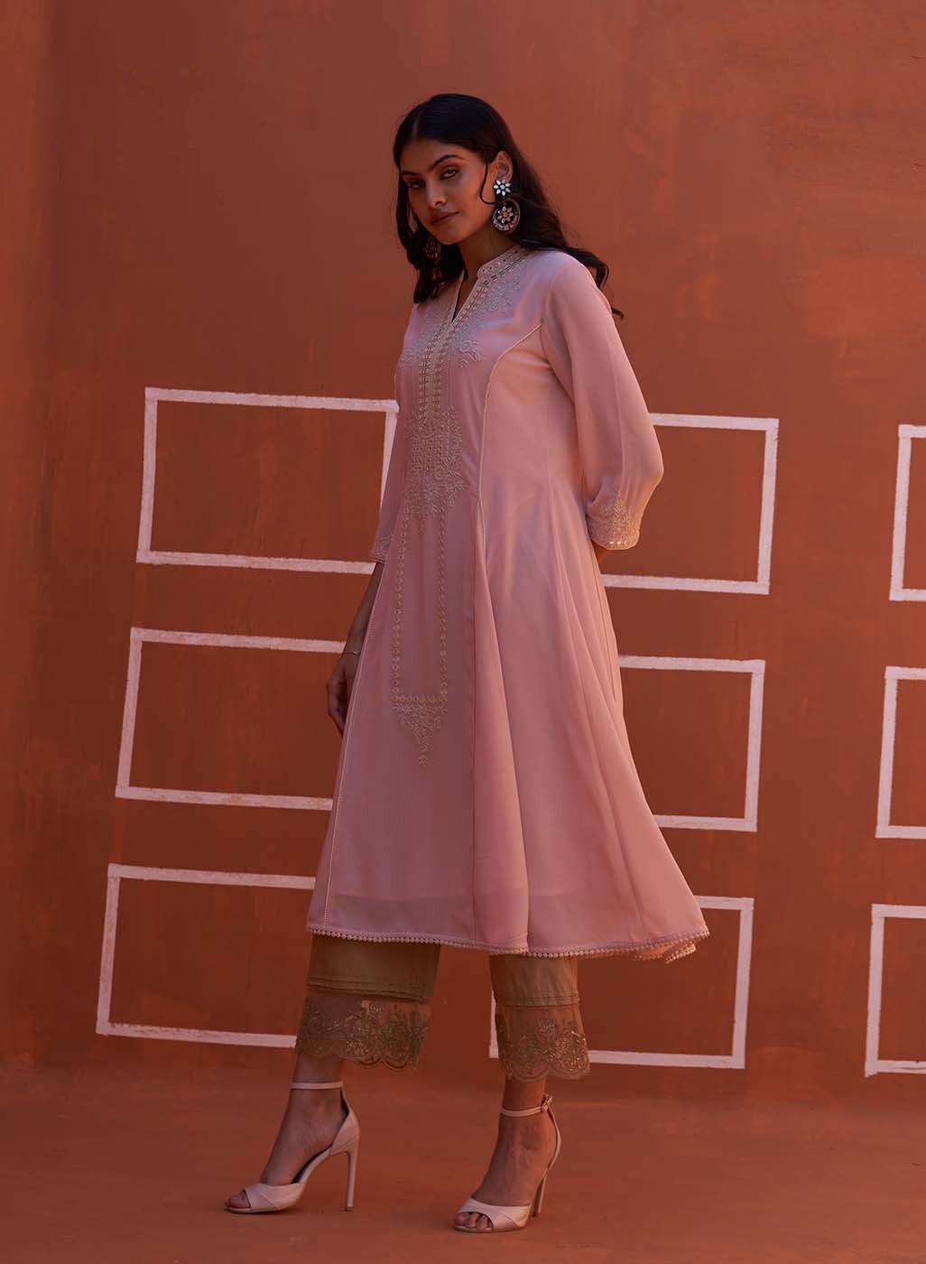 Pink Embroidered Flared Kurta - Lakshita