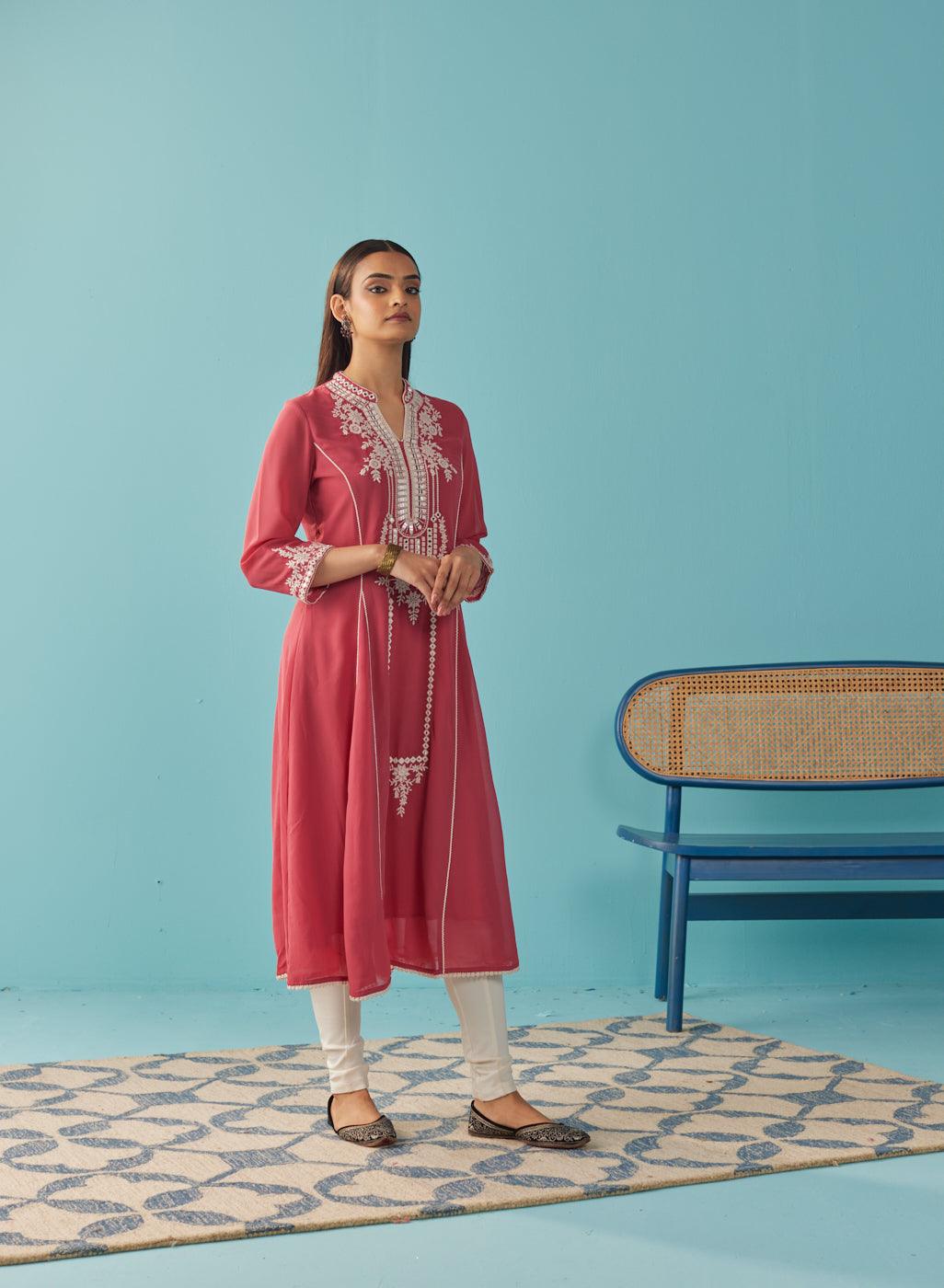 Persian Red Embroidered Flared Kurta - Lakshita