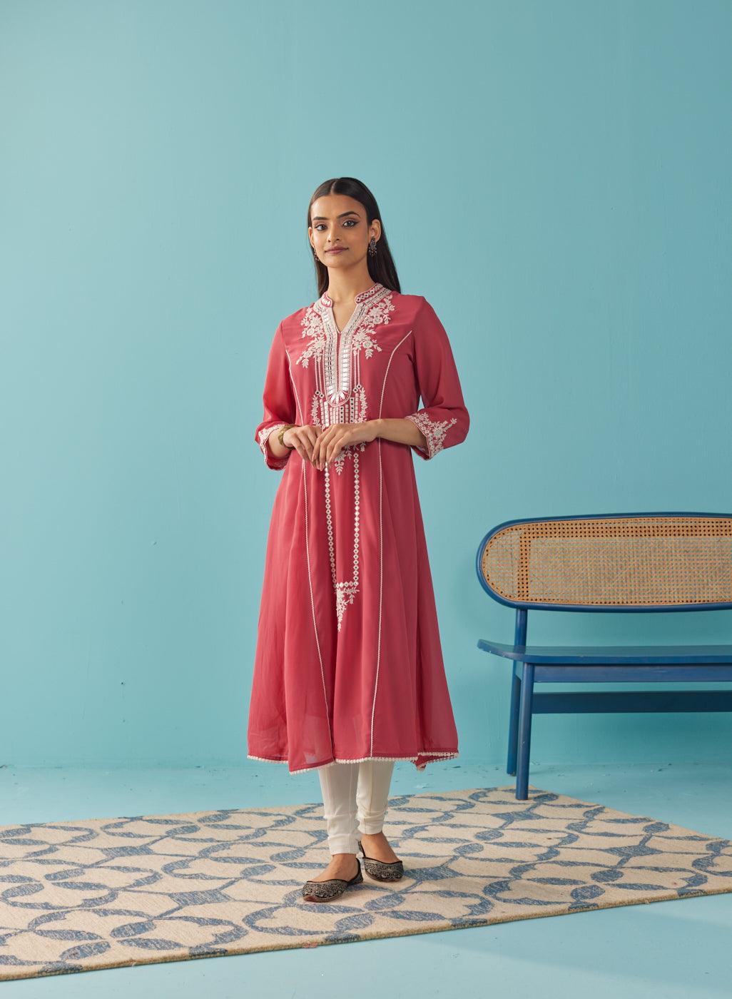 Persian Red Embroidered Flared Kurta - Lakshita