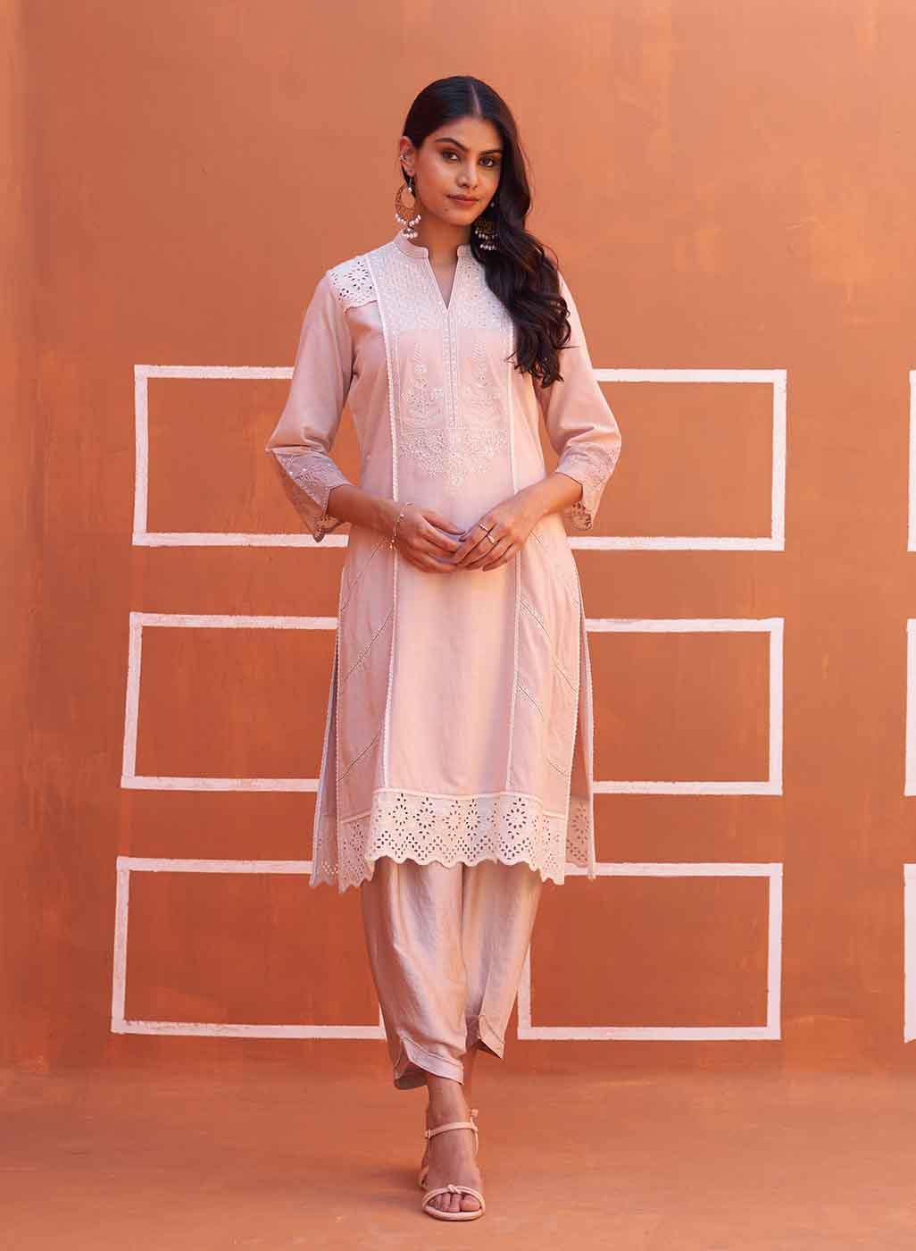 Dori Work Pink Long Kurta - Lakshita