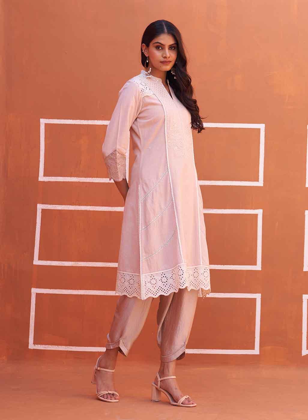 Dori Work Pink Long Kurta - Lakshita