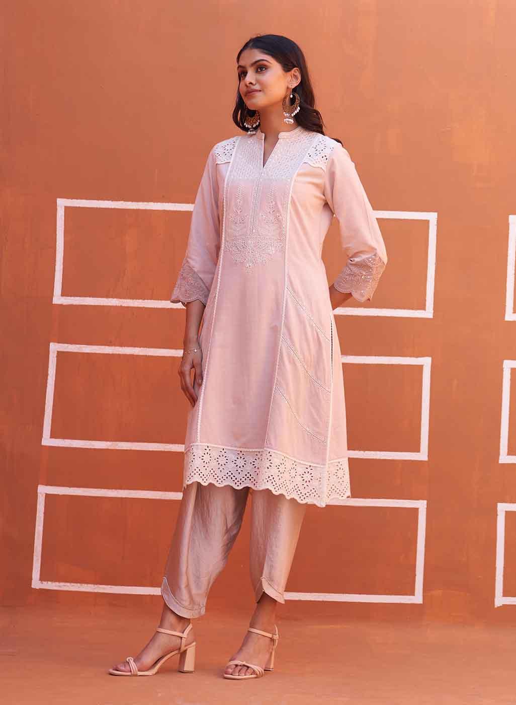 Dori Work Pink Long Kurta - Lakshita