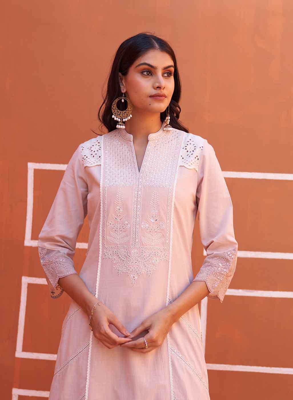 Dori Work Pink Long Kurta - Lakshita