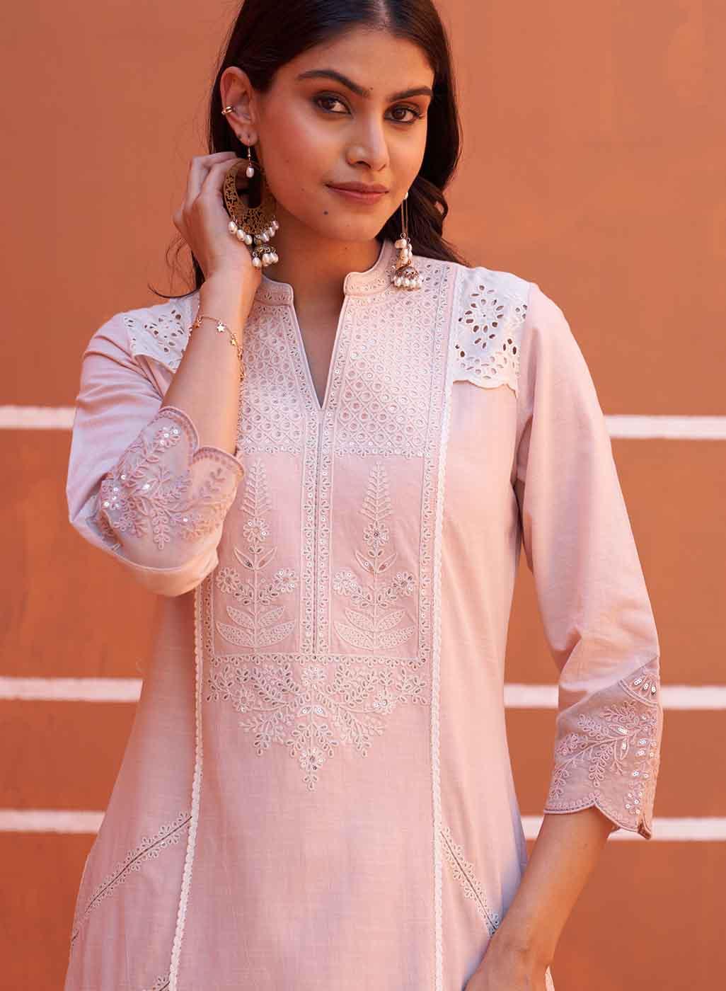 Dori Work Pink Long Kurta - Lakshita