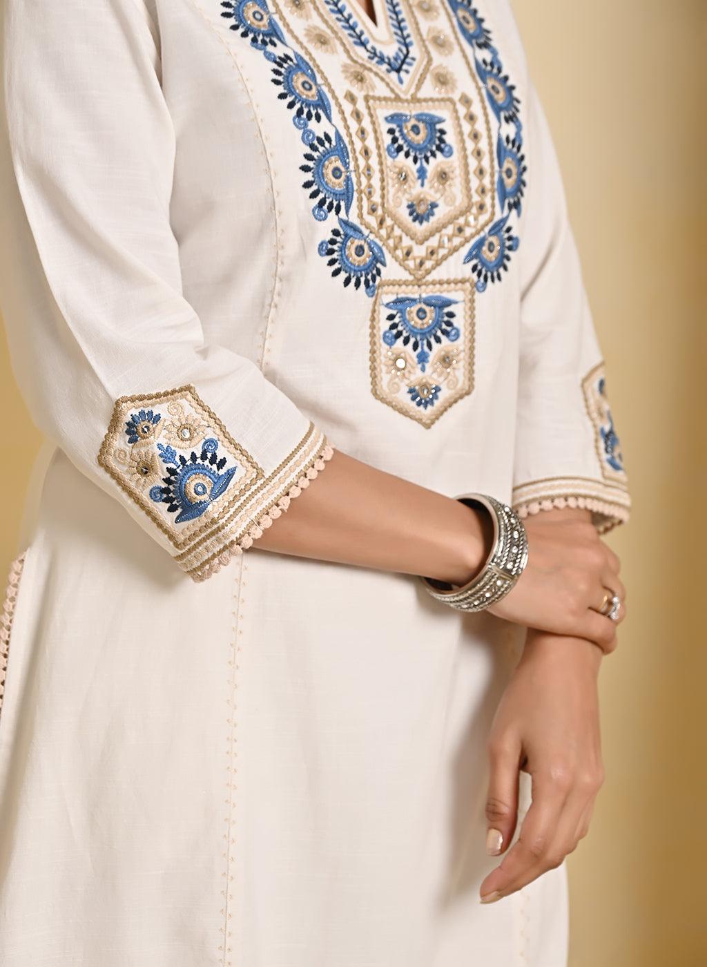 Ivory Cotton Multicolor Embroidered Kurta Set - Lakshita