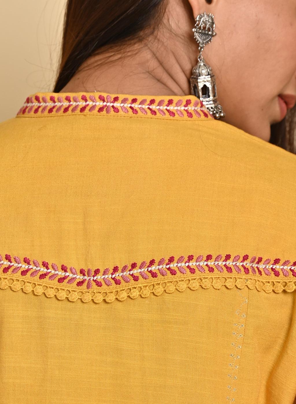 Mustard Cotton Multicolor Embroidered Kurta Set - Lakshita