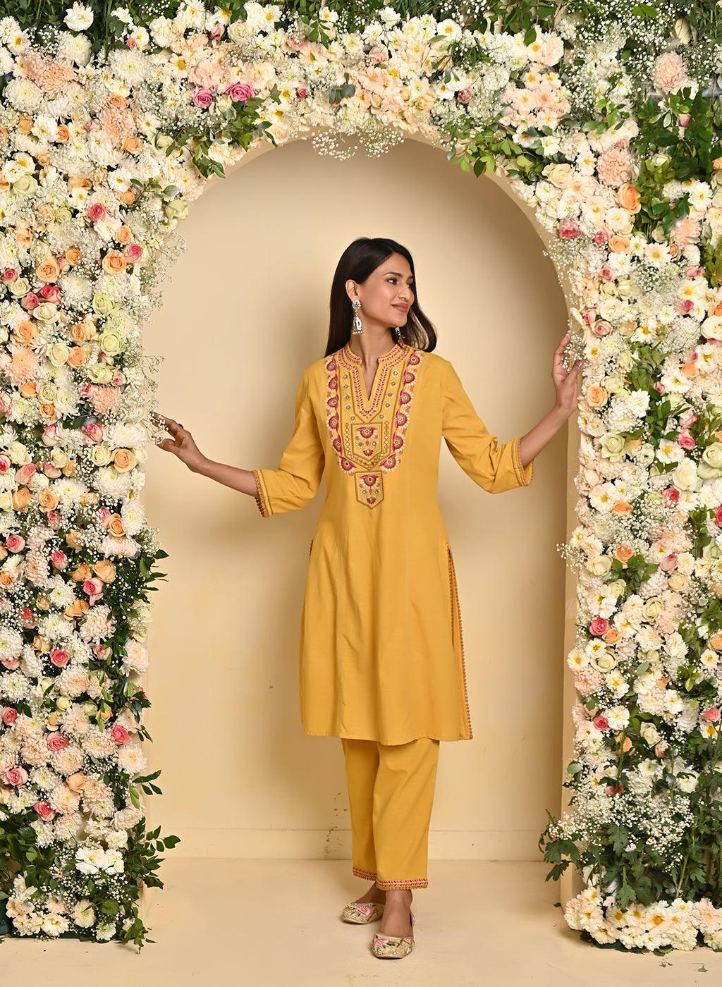 Mustard Cotton Multicolor Embroidered Kurta Set - Lakshita