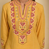 Mustard Cotton Multicolor Embroidered Kurta Set - Lakshita