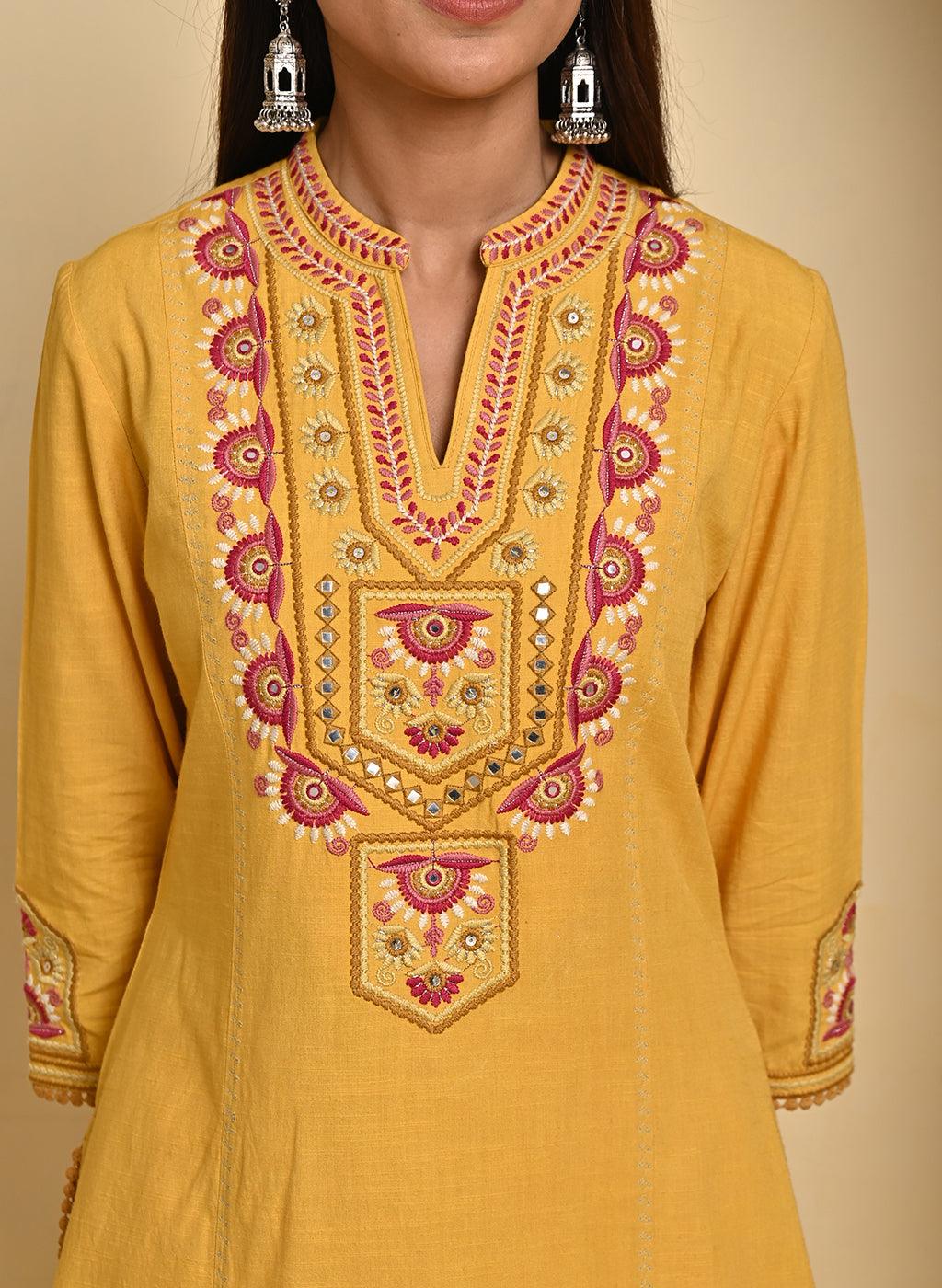 Mustard Cotton Multicolor Embroidered Kurta Set-23SLK02993-2C – Lakshita