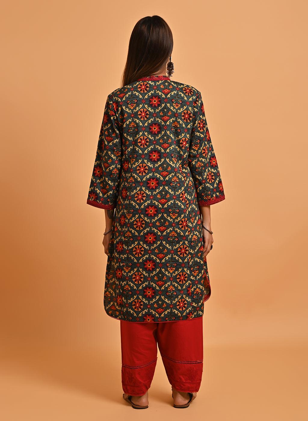 Green Ethnic Printed Kurta with Lace Detailing - Lakshita