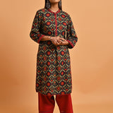 Green Ethnic Printed Kurta with Lace Detailing - Lakshita