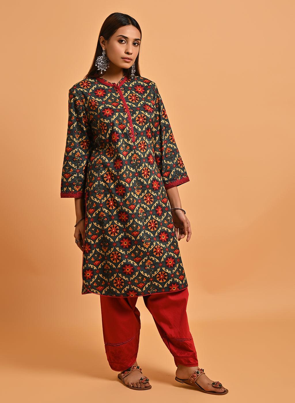 Green Ethnic Printed Kurta with Lace Detailing - Lakshita