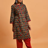 Green Ethnic Printed Kurta with Lace Detailing - Lakshita