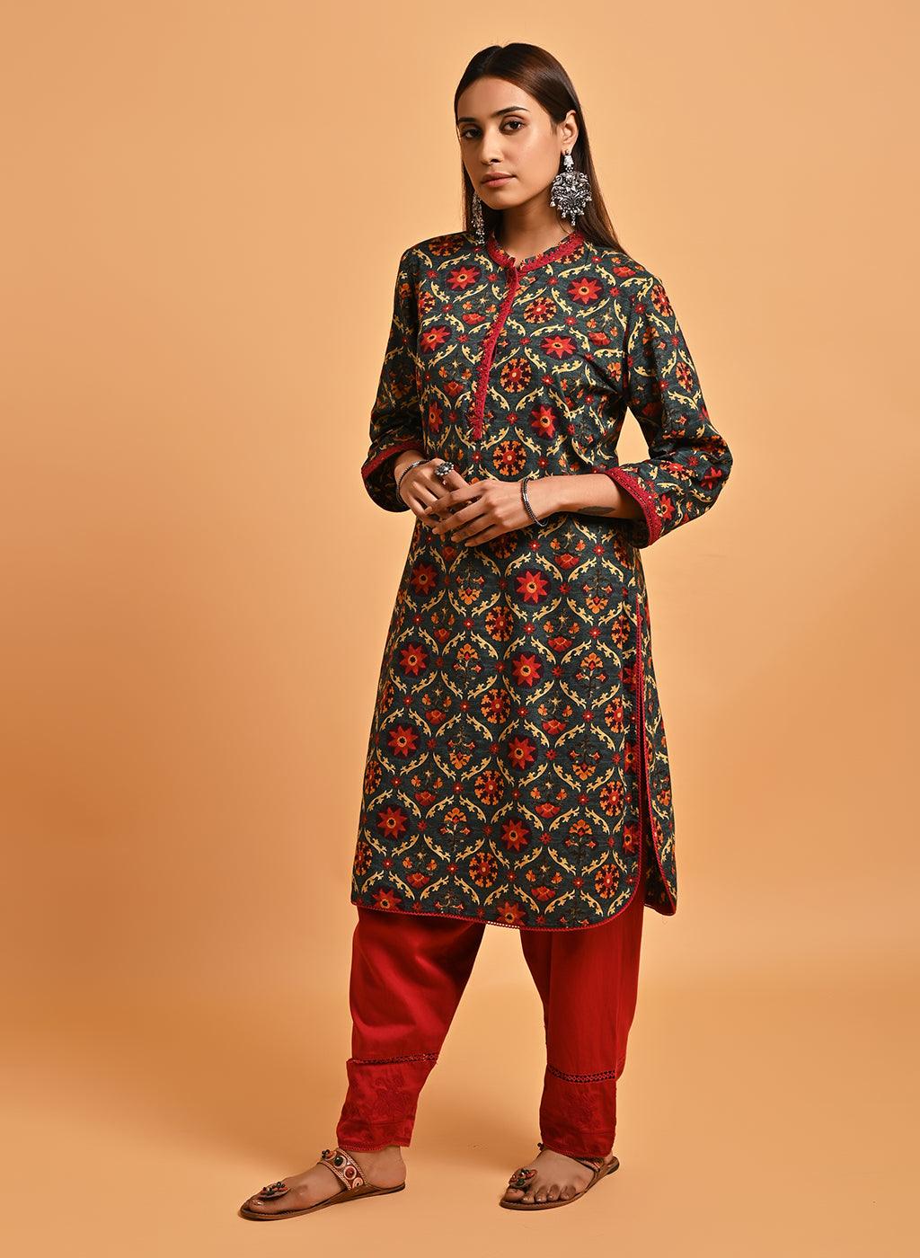 Green Ethnic Printed Kurta with Lace Detailing - Lakshita