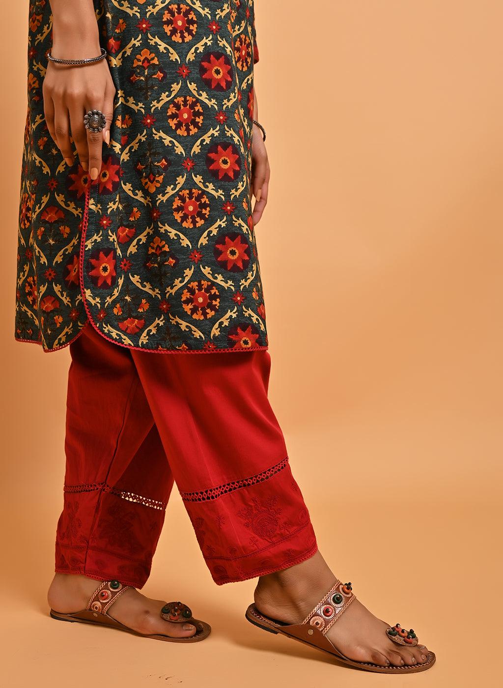 Green Ethnic Printed Kurta with Lace Detailing - Lakshita