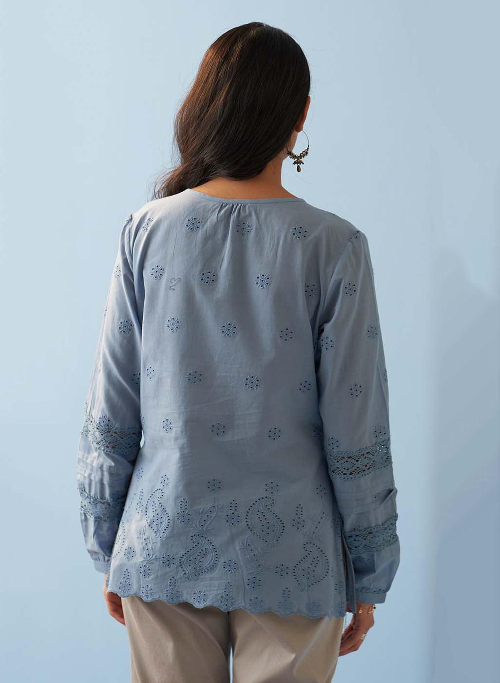 Blue Schiffli Embroidered Top with Lace Insert - Lakshita