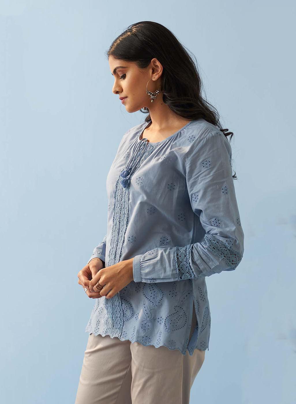 Blue Schiffli Embroidered Top with Lace Insert - Lakshita