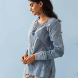 Blue Schiffli Embroidered Top with Lace Insert - Lakshita