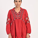 Red Thigh-length Boho Top with Collar and Full Sleeves - Lakshita