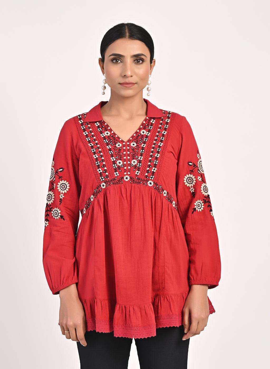 Red Thigh-length Boho Top with Collar and Full Sleeves - Lakshita