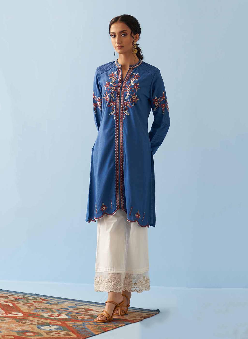 Classic Blue Embroidered Kurta for Women with Puffed Sleeves - Lakshita